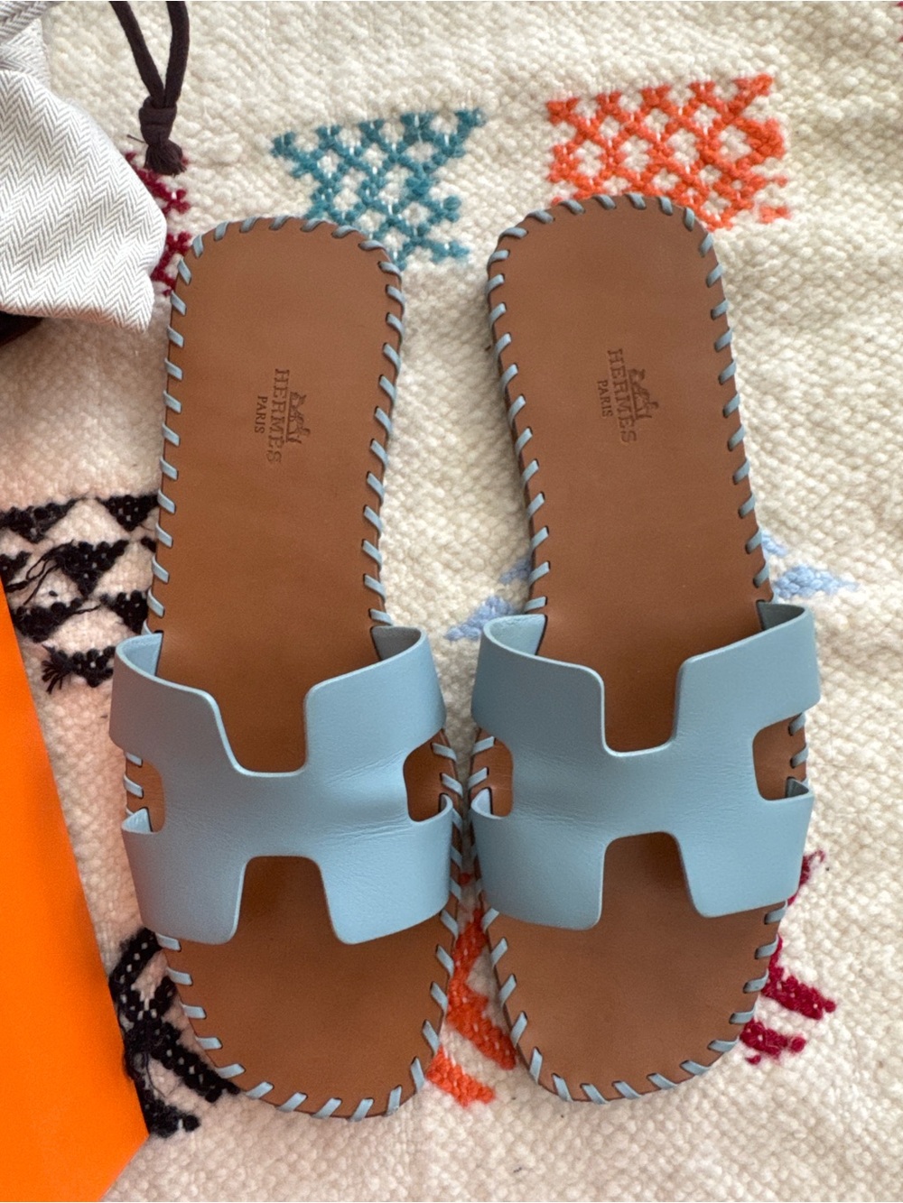 Hermes Women’s Light Blue Oran Leather Slide Sandals